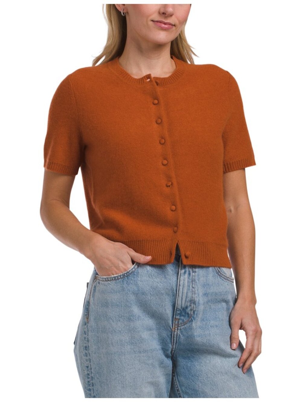 Joie 100% Cashmere Short Sleeve Cardigan Rust Crew Neck Burnt Orange